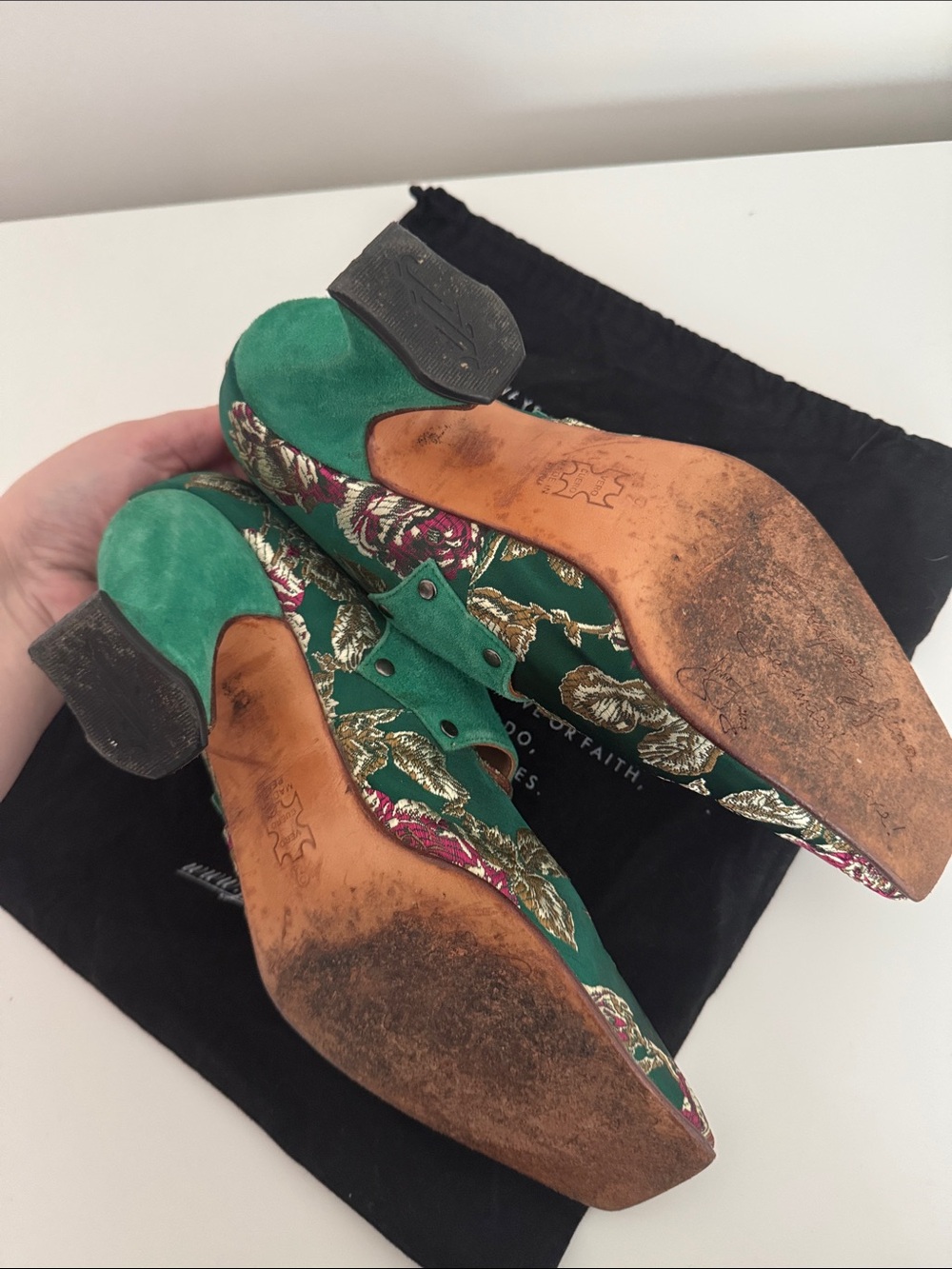 John Fluevog Bishop Green Floral Jaquard Suede Strap Heels - Picture 7 of 8